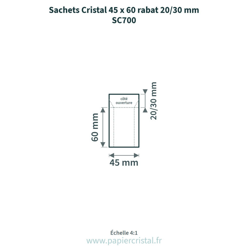 Sachets Cristal 45 x 60 mm – rabat 20 à 30 mm – 100 unités – schéma avec côtes
