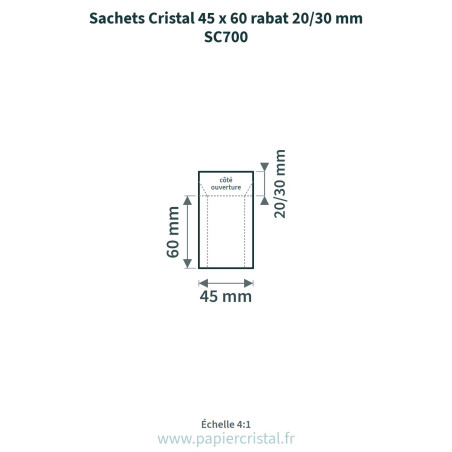 Sachets Cristal 45 x 60 mm – rabat 20 à 30 mm – 100 unités – schéma avec côtes