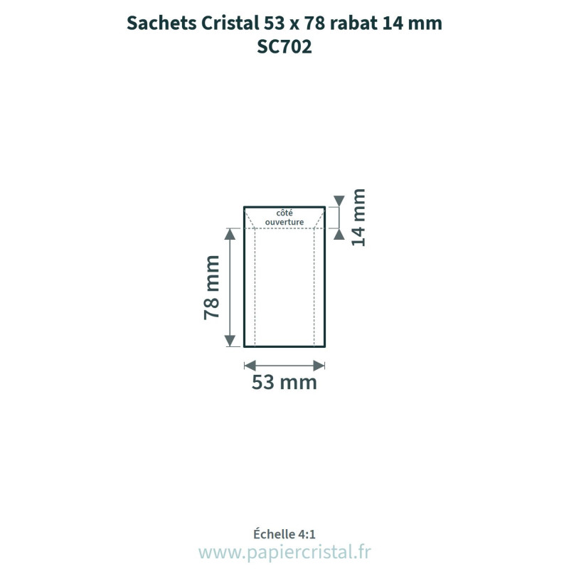 Sachets Cristal 53 x 78 rabat 14 mm – rabat 14 mm – 100 unités – schéma avec côtes