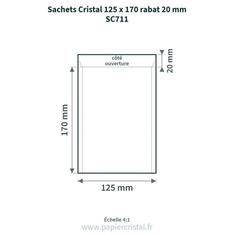 Sachets Cristal 125 x 170 mm – rabat 20 mm – 100 unités – schéma avec côtes