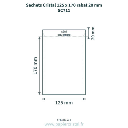 Sachets Cristal 125 x 170 mm – rabat 20 mm – 100 unités – schéma avec côtes
