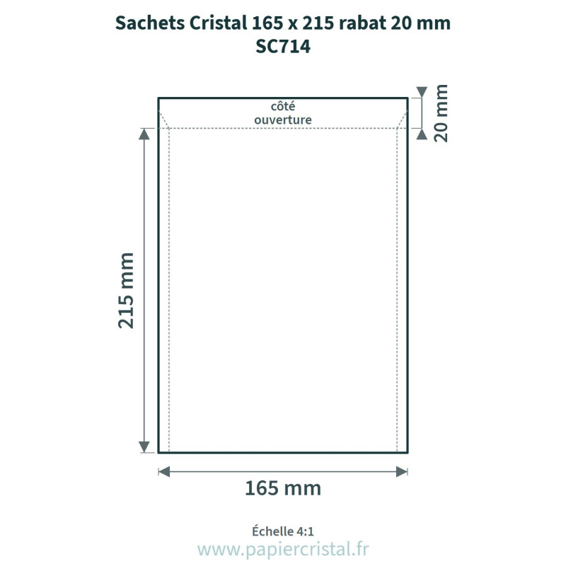 Sachets Cristal 165 x 215 mm – rabat 20 mm – 100 unités – schéma avec côtes