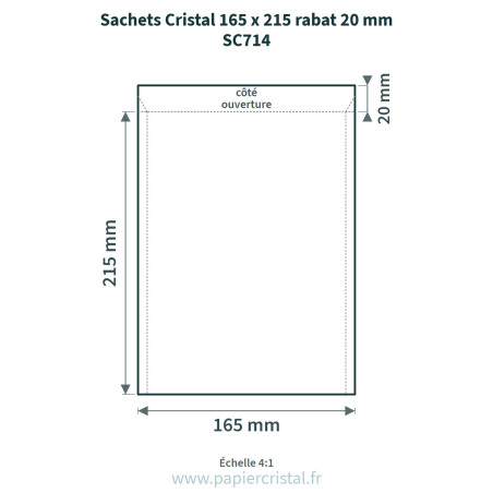 Sachets Cristal 165 x 215 mm – rabat 20 mm – 100 unités – schéma avec côtes
