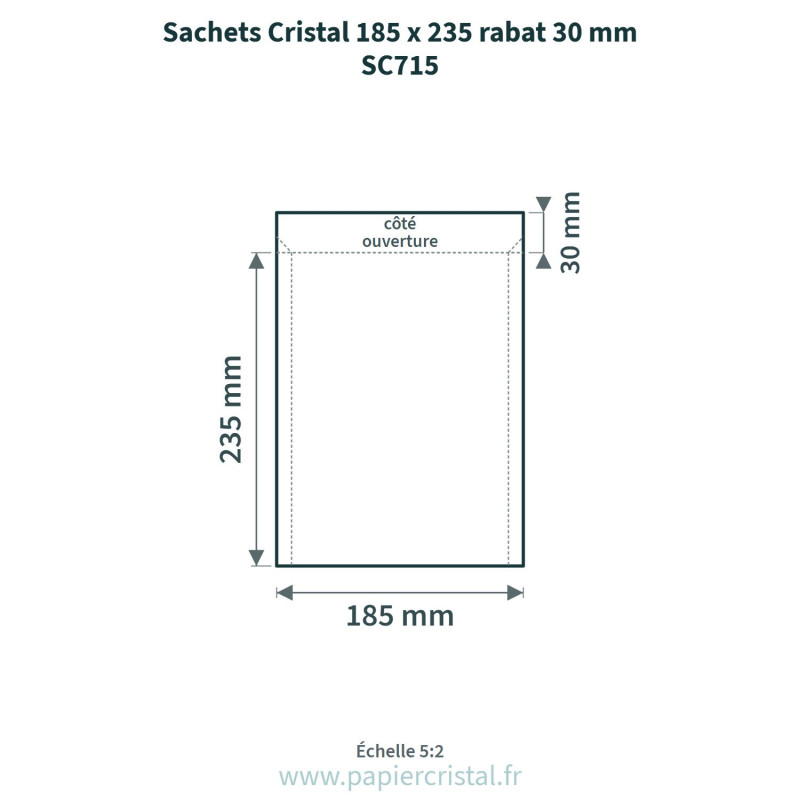 Sachets Cristal 185 x 235 mm – rabat 30 mm – 100 unités – schéma avec côtes