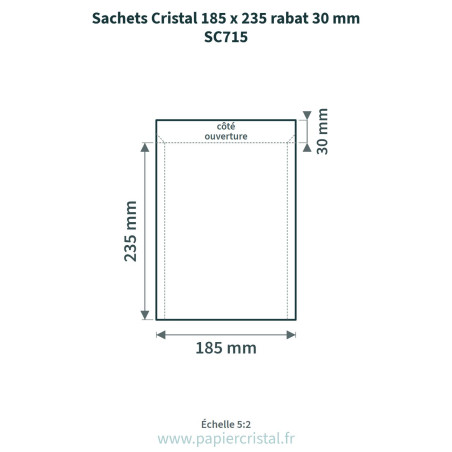 Sachets Cristal 185 x 235 mm – rabat 30 mm – 100 unités – schéma avec côtes