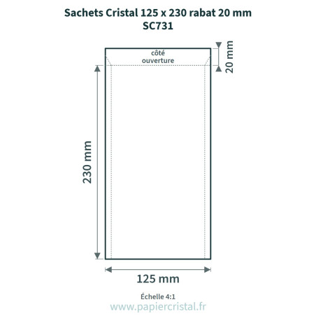 Sachets Cristal 125 x 230 mm – rabat 20 mm – 100 unités – schéma avec côtes