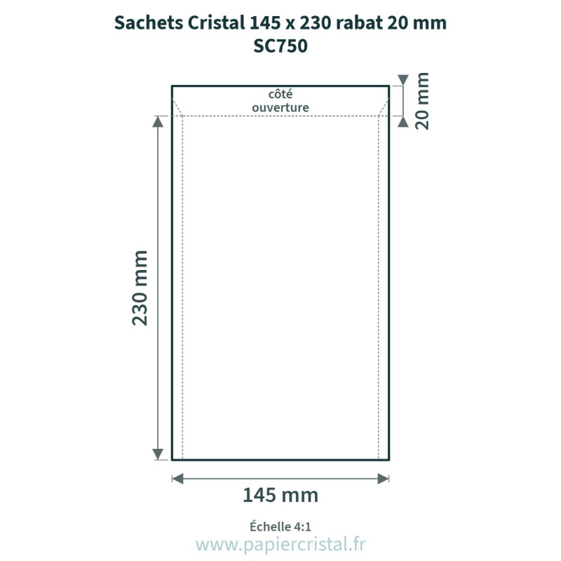 Sachets Cristal 145 x 230 mm – rabat 20 mm – 100 unités – schéma avec côtes