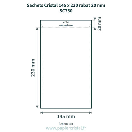 Sachets Cristal 145 x 230 mm – rabat 20 mm – 100 unités – schéma avec côtes