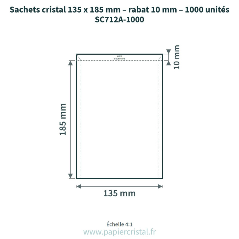 Sachets Cristal 135 x 185 mm – rabat 10 mm – 100 unités – schéma avec côtes