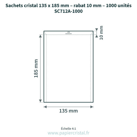 Sachets Cristal 135 x 185 mm – rabat 10 mm – 100 unités – schéma avec côtes