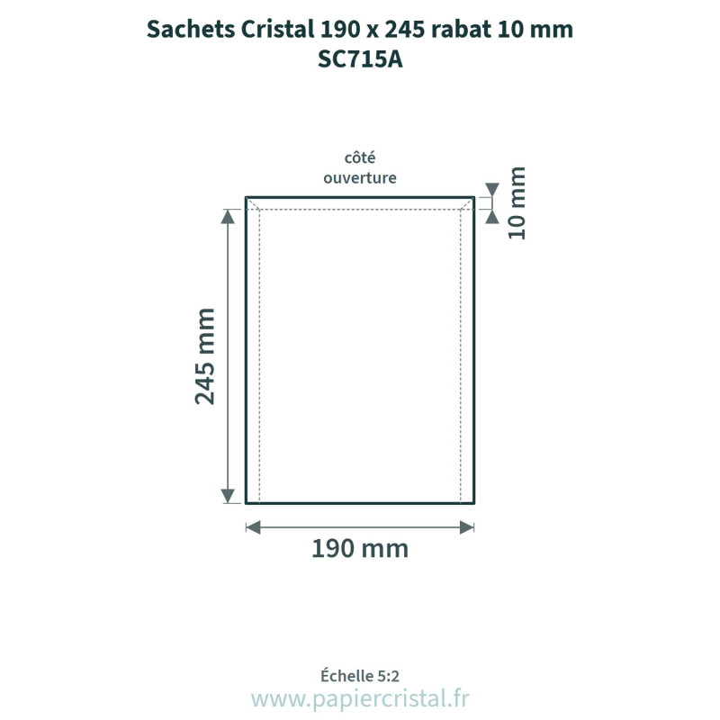 Sachets Cristal 190 x 245 mm – rabat 10 mm – 100 unités – schéma avec côtes