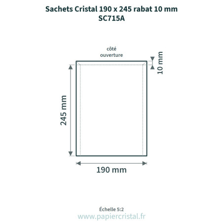 Sachets Cristal 190 x 245 mm – rabat 10 mm – 100 unités – schéma avec côtes