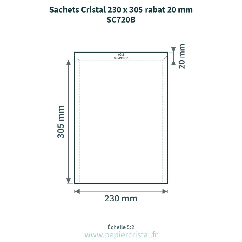 Sachets Cristal 230 x 305 mm – rabat 30 mm – 25 unités – schéma avec côtes