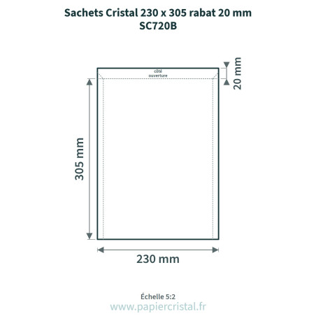Sachets Cristal 230 x 305 mm – rabat 30 mm – 25 unités – schéma avec côtes