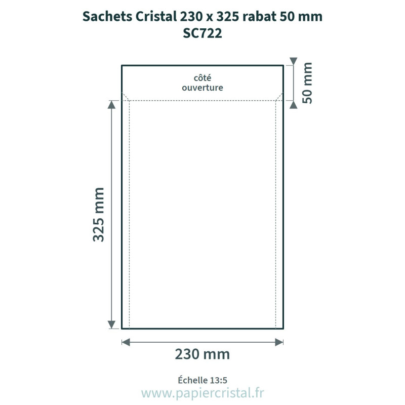 Sachets Cristal 230 x 325 mm – rabat 50 mm – 25 unités – schéma avec côtes