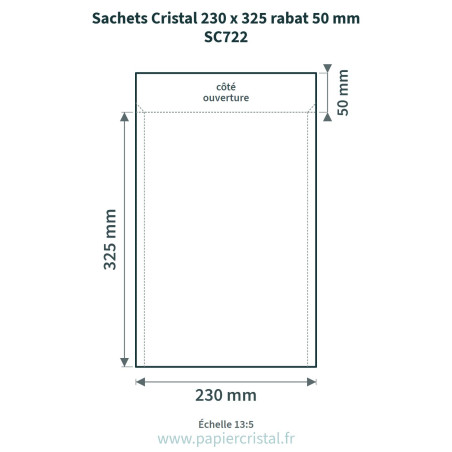 Sachets Cristal 230 x 325 mm – rabat 50 mm – 25 unités – schéma avec côtes