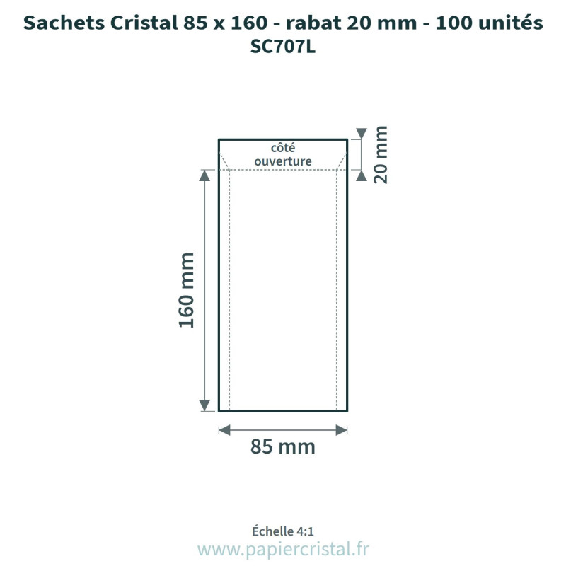 Sachets Cristal 85 x 160 mm – rabat 20 mm – 100 unités – schéma avec côtes