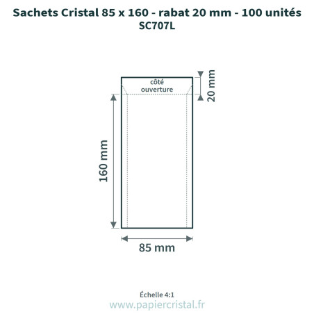 Sachets Cristal 85 x 160 mm – rabat 20 mm – 100 unités – schéma avec côtes