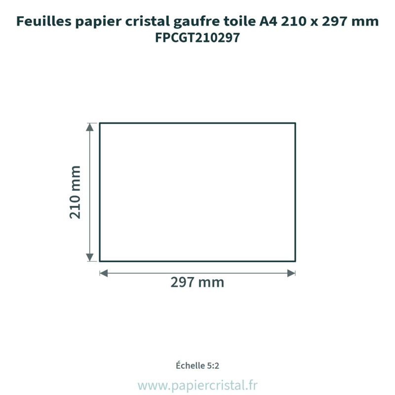 Feuilles papier cristal gaufré toile A4 210 x 297 mm – 100 unités – schéma avec côtes