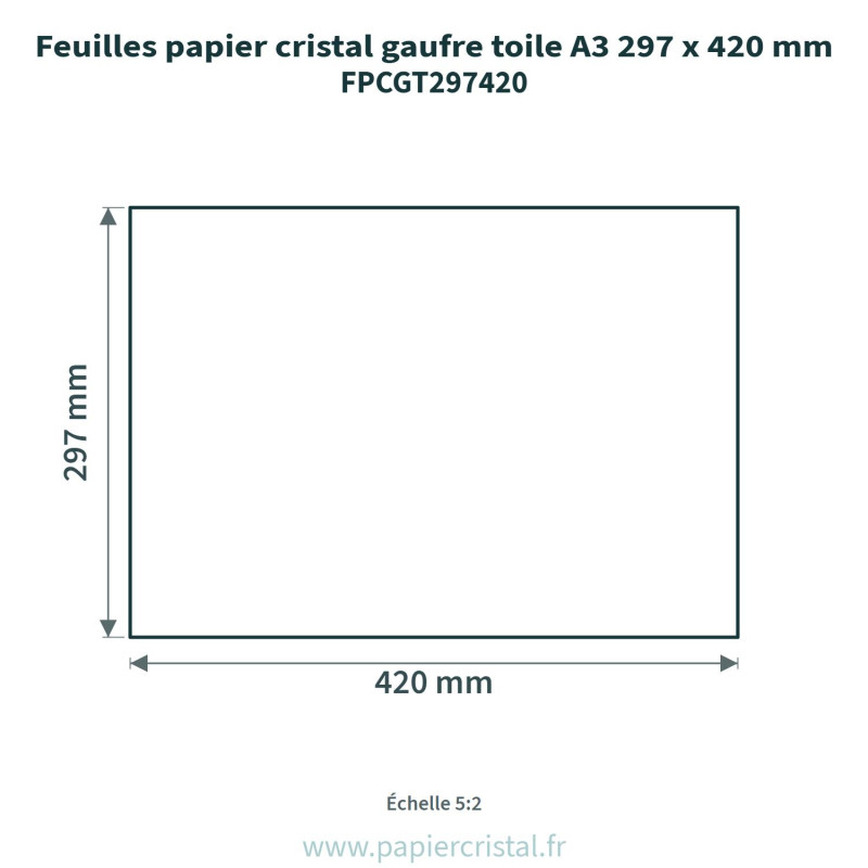 Feuilles papier cristal gaufré toile A3 297 x 420 mm – 100 unités – schéma avec côtes