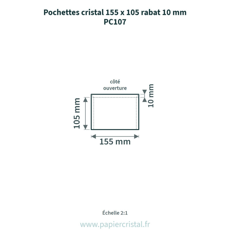 Pochettes cristal 155 x 105 mm – rabat 10 mm – 100 unités – schéma avec côtes