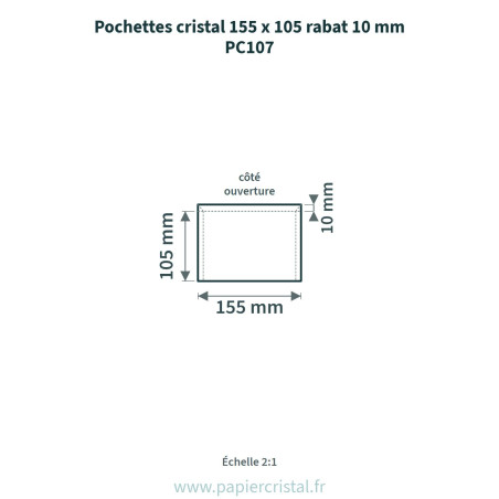 Pochettes cristal 155 x 105 mm – rabat 10 mm – 100 unités – schéma avec côtes