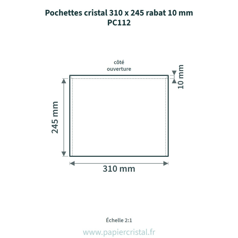 Pochettes cristal 310 x 245 – rabat 10 mm – 25 unités – schéma avec côtes