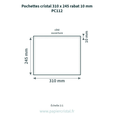 Pochettes cristal 310 x 245 – rabat 10 mm – 25 unités – schéma avec côtes