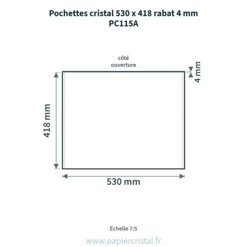Pochettes cristal 530 x 418 mm – rabat 4 mm – 25 unités – schéma avec côtes