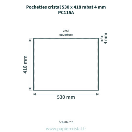 Pochettes cristal 530 x 418 mm – rabat 4 mm – 25 unités – schéma avec côtes