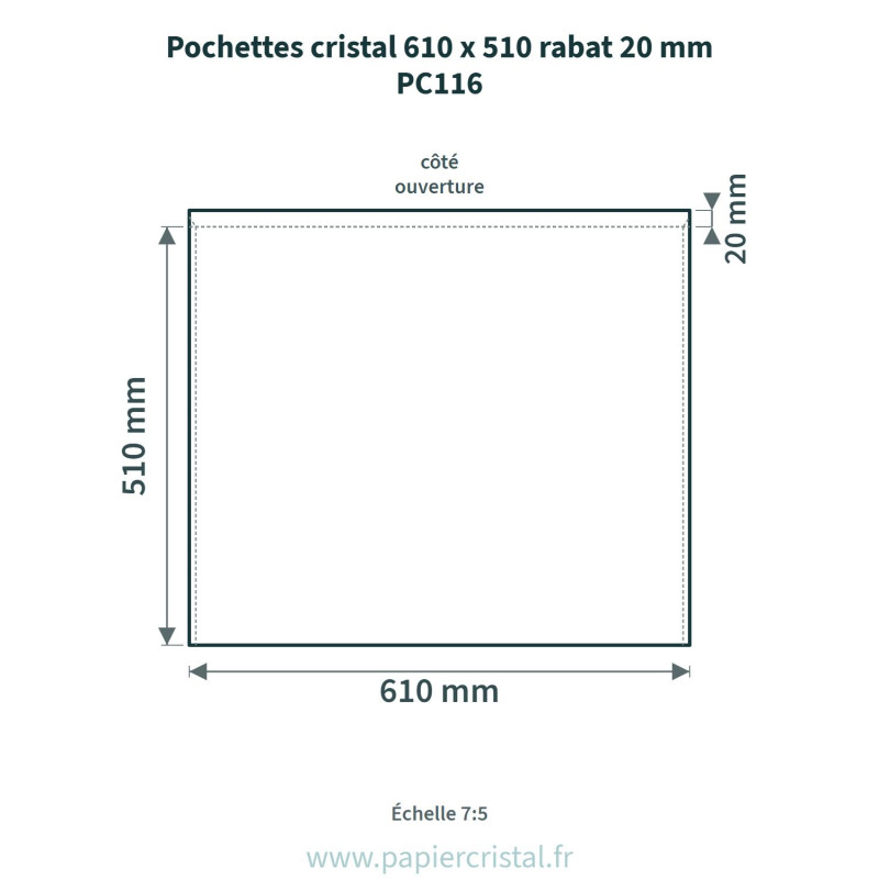 Pochettes cristal 610 x 510 mm – rabat 20 mm – 25 unités – schéma avec côtes