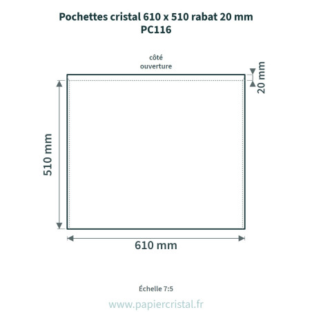 Pochettes cristal 610 x 510 mm – rabat 20 mm – 25 unités – schéma avec côtes