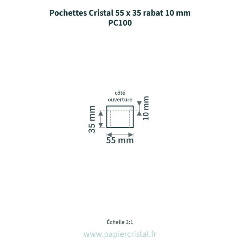 Pochettes Cristal 55 x 35 mm – rabat 10 mm – 100 unités – schéma avec côtes