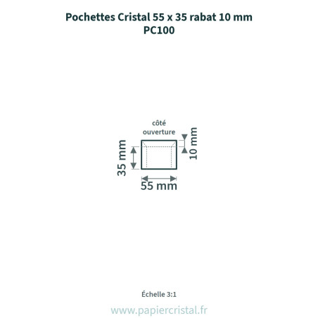 Pochettes Cristal 55 x 35 mm – rabat 10 mm – 100 unités – schéma avec côtes