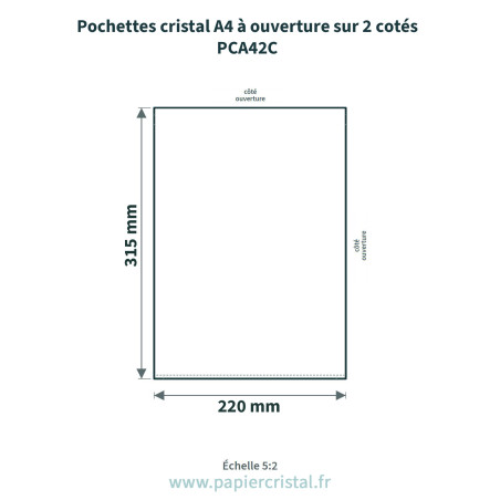 Pochette cristal A4 avec ouverture sur 2 côtés – 25 unités – schéma avec côtes